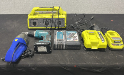 (3) Rechargable Battery Chargers (1) 6 Port Battery Charger (1) Makita Drill (1) Good Year Car Vacuum