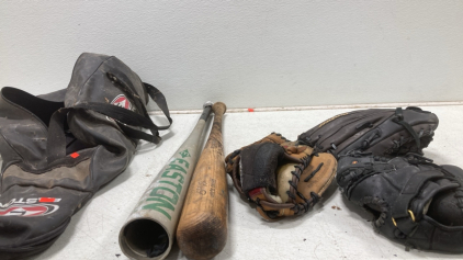 (2) Baseball Bats - (3) Baseball Mits - (1) Baseball Bag