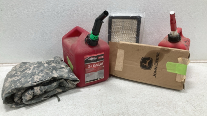 (2) Fuel Cans - (1) Brand New John Deere Air Filter - (1) Camo Pants