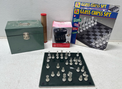 (1) Safe Box With Lock- Does Not Come With Key, (1) Motorized Coin Sorter (1) Glass Chess Set