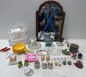 Assorted Kitchenware- Steamer, Strainers, Salt And Pepper Shakers, Sour Dough Bread Crock, Assorted Home Decor, Mirror, Vases, Glass Trinkets And More