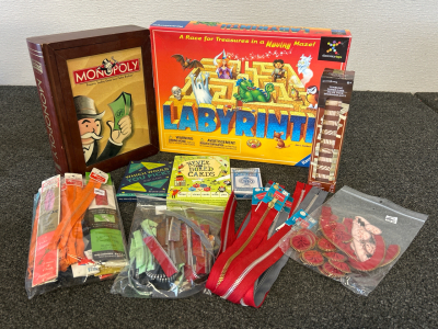 Monopoly, Labyrinth Boardgame, Game Cards, and Clothing Embellishment Zippers