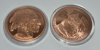 (2) Copper Rounds Coins Year Of The Tiger And Indian Head/Buffalo