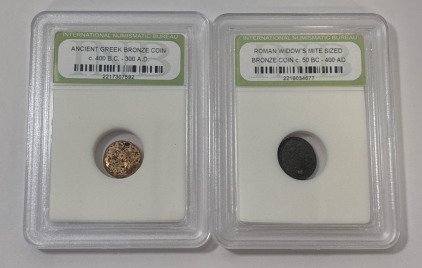 Ancient Carded Coins Including Aneient Greek Bronze Coin And Roman Widows Mite Sized Coin