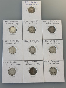 (10) 1902-1916 Barber Silver Dimes