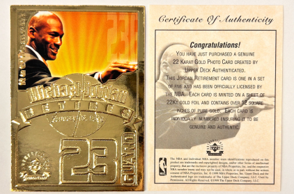January 13, 1999 Upper Deck Michael Jordan 22Kt Gold Photo Card With Certificate of Authenticity