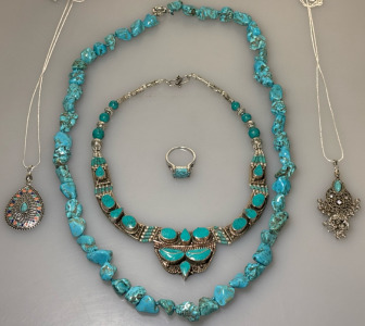 Variety Of Turquoise Stone Jewelry (4) Necklaces And (1) Ring Size 10