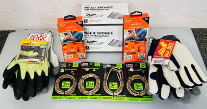 (4) Pairs Of Work Gloves, Charging Cables, and Box Of Extra Durable Scrubber Malemine Sponges