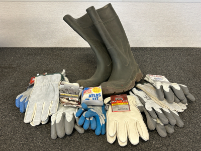 (10) Pairs Of Outdoor/ Work Gloves and Pair Of Rubber Boots Size 8
