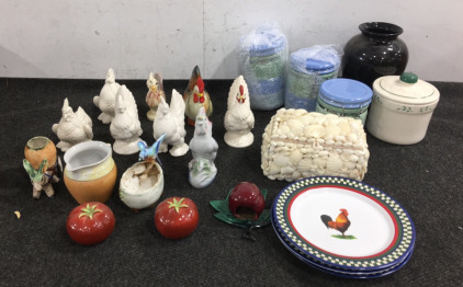 (8) Ceramic Chickens, Glass Jars, Other Glass Objects