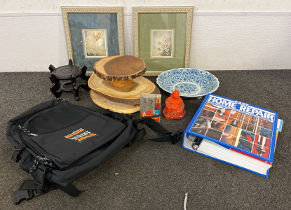 Framed Fairy Pictures, Wood Table Centerpieces, Blue Glass Fruit Bowl & More Misc. Items