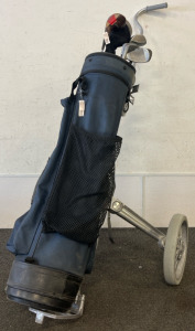 Vintage Bag Boy Play Day push-pull golf cart, Golf Club Bag With 8 Right Handed Golf Clubs & 2 Left Handed Golf Clubs