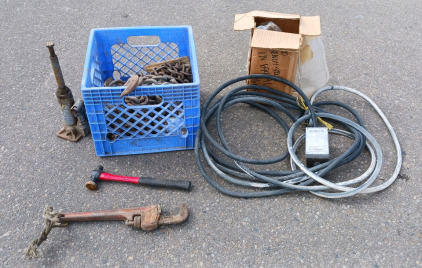 (13) Tool & Utility Items - (1) Ridgid 14" Pipe Wrench (1) Dead Blow Hammer (1) 2-Ton Hydraulic Jack (1) Chain Load Bin (1) Power Cord w/ Outlet (1) COB Work Light (1) Box of Bolts (2) Heavy-Duty Tow Chains - Approx. 40-50 ft Total (4) Additional Assorted