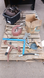 (13) Auto & Industrial Items - (1) Torque Converter Bin (1) Fire Hose (1) Coiled Air Hose (1) Box of Strapping (1) Square (2) Load Binders (1) Hydraulic Hose (1) Wire Cutter (4) Miscellaneous Tools & Parts