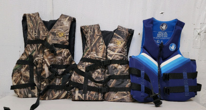 (2) Slumberjack SJK Type III Universal Life Vests, And A Body Glove Dual-Size Evoprene PFD Life Jacket