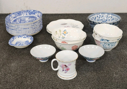 Huge Dish Lot- (2) Totes Including Blue China, Mino Ware Japanese Raman Bowls, And Lenox Butterfly Meadow Plates And Bowls and Cups
