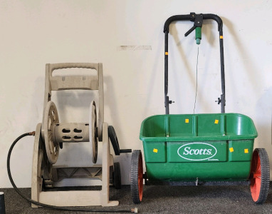 Scotts Turf Builder Classic Drop Spreader And A Suncast 175 ft. Hosemobile Hose Reel Cart