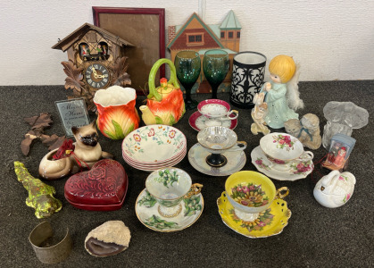 Cuckoo Clock, Animal Fur Purse, Flower Teapot & Cup, Teacup & Saucer Sets & More Glass & Trinkets