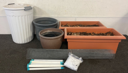 (2) Plastic Rectangle Planters, (2) Large Plastic Pots, Garden Wire & Trashcan