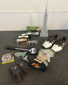 Golf Items Lot &mdash; Adidas Golf Shoes, Precept Laddie Extreme golf balls, Retractable Golf Swing Trainer, Golf Tees & More, AND New York Chrysler Building Scale Model