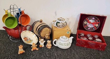 Various Ceramic Tea Pots and Cups .. Mini Wine Barrel and More .