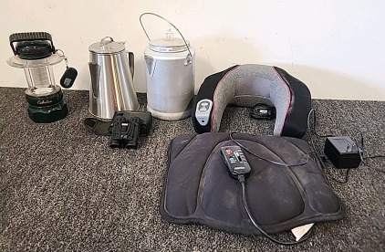 2 Camp Stove Coffee Pots . Bushnell Binoculars Homedics Neck Massager with Heat ,Homedics Lumbar Massager with Heat.. Coleman LED Camp Light.