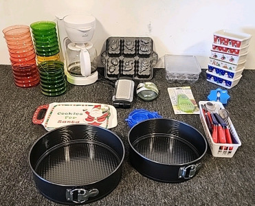 Rival Coffee Maker. 2 Springform Pan Set. Festive Muffin Tin. Avocado Storage and Slicer Colored Candle Holders. Ceramic Christmas Loaf holders . Cheese Grater and More..