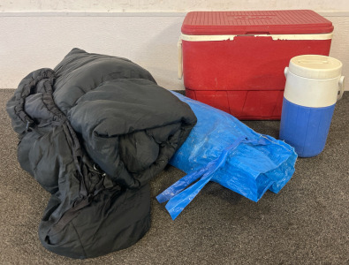 Large Camping Tarp Gazebo/ Tent, Sleeping Bag, Igloo Cooler & Coleman Cooler Water Bottle