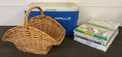 Coleman Cooler, (6) 14x20x1 Air Filters, Wicker Basket