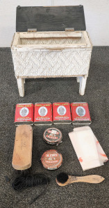 Wicker Box. Boot Shining Brushes and Polish, And (4) Prince Albert Tobacco Tins.