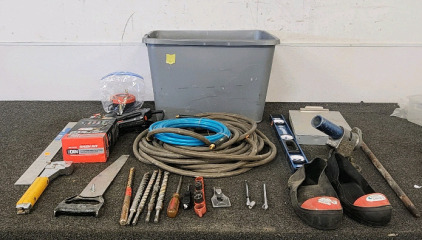 Air Compressor Hoses, Drill Bits, Electric Stapler, Empire Aluminum Framing Square, Steel Toe Shoe Covers, And More.