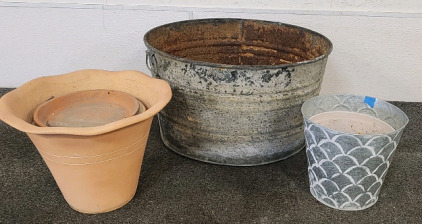 Vintage Galvanized Round Wash Tub, And (2) Planter Pots