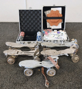 Dominoes With Case, Poker Chips, And Vintage Roller Skates