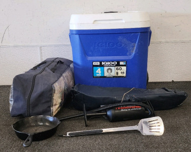 Camping Lot! Igloo Laguna 60 Roller Cooler, Expedition Outfitters 3 Room Cabin/Dome Tent, Air Mattress With Air Pump, Small Cast Iron Pan, And Grill Utensil.