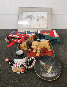Cat Wall Art, (2) Dog Figurines, A Christmas Tray, Let it Snow Tea Pot, And More!