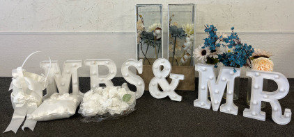 Wedding Decor Including Floral Arrangements, Mr & Mrs Led Letters & More