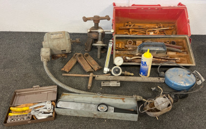 Tools Including U.S. Electrical Motors 1 HP 3-Phase Induction Motor, Snap-On 3 Arm Truck Wheel Hub Puller, Extendable Construction Lamp, More Metal Parts, Toolbox With Various Tools