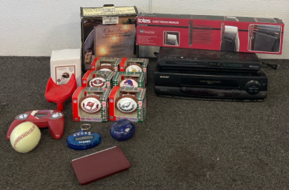 Sharp VHS Player, Memorex DVD Player, Touchdown Treasures Collectable Orments, Closet Pants Organizer & More