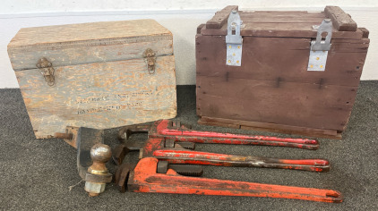 (2) Wooden Toolboxes, (3) Heavy Duty Pipe Wrenches & Trailer Hitch