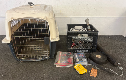 Dog Kennel & Bin Of Tools / Parts Including DeWalt 20V battery, Pipe Heating Cables, Valves & Metal Parts