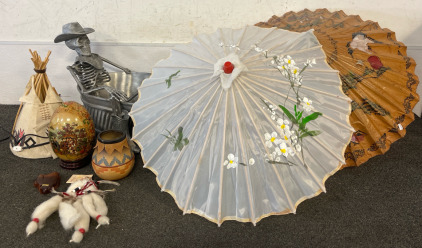 Metal Skeleton Planter, Vintage Hand Painted Umbrellas, Teepee Lamp & More Decor