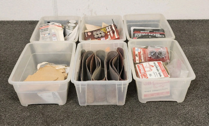 (6) Small totes- Including Sand Paper, Wire Connectors, Wood Blocks, Sanding Disks, And More!