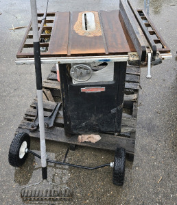 Craftsman Metal Saw Table - 9&frac12;" Blade - 34&frac34;"H x 28&frac34;"D x 36"W, Metal Head Yard Rake, Small Utility Axle w/ Wheels & Tires - 32&frac14;L