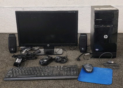 HP ProDisplay P221 21.5-inch LED Backlit Monitor, HP p2-1310 Pavilion Desktop PC, Keyboard, Logitech Speakers, And Mouse.