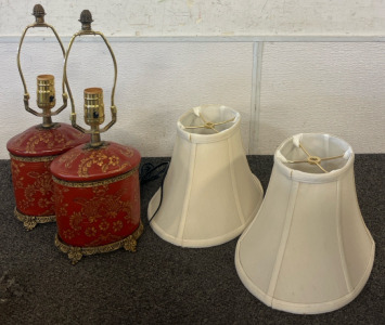 (2) Red & Gold Brass & Ceramic/Porcelain Oval Birds & Floral Motif Table Lamps