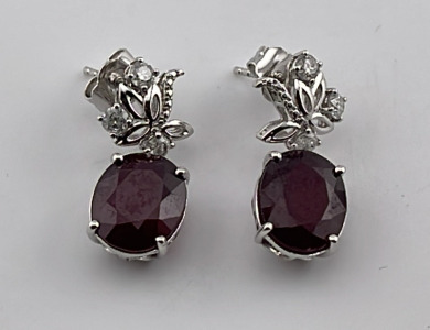 .925 Sterling Silver 13.49ct. Ruby Corundum & 0.64ct. Diamond Earrings W/ GGA C.O.A. ( $6,190.00 Retail Value)