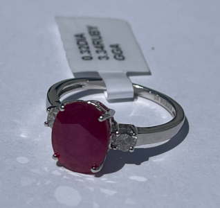 .925 Sterling Silver 3.34ct. Ruby Corundum & 0.32ct. Diamond Ring Size 6 W/ GGA C.O.A. ( $3,160.00 Retail Value)