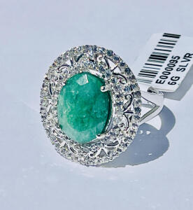.925 Sterling Silver 5.00ct. Dyed Green Beryl (Emerald) & 1.00ct. Sapphire Corundum Ring Size 7-1/2 W/ GGA C.O.A. ($1,620.00 Retail Value)