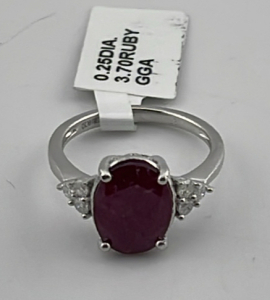 .925 Sterling Silver 3.70ct. Ruby Corundum & 0.25ct. Diamond Ring Size 7 W/ GGA C.O.A. ($2,680.00 Retail Value)