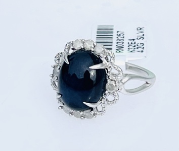 .925 Sterling Silver 7.00ct. Star Sapphire Corundum & 0.36ct. Diamond Ring Size 6-1/2 W/ GGA C.O.A. ($3,390.00 Retail Value)